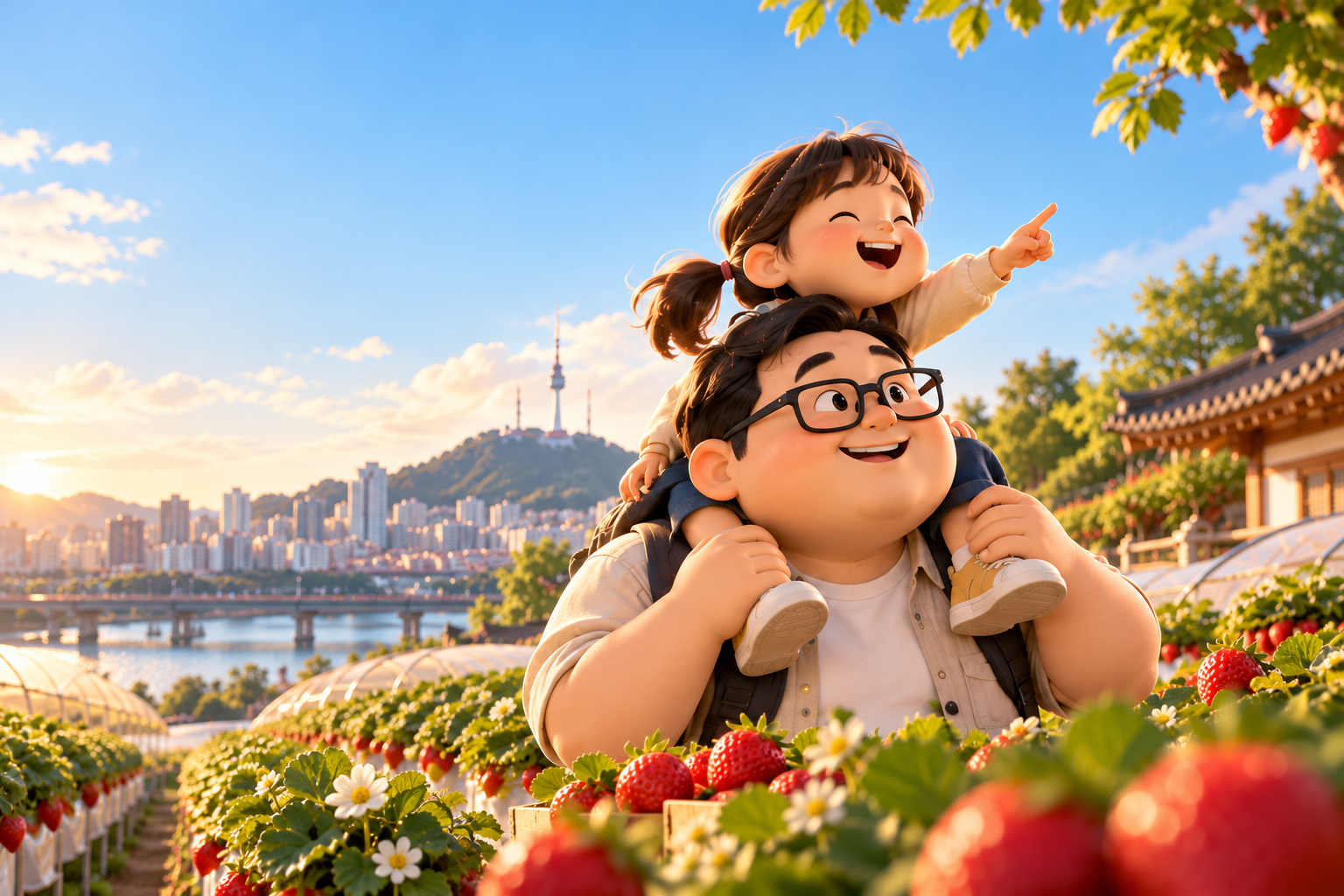 A father carries his smiling child on his shoulders through a strawberry field, with the Seoul skyline and Namsan Tower behind them.