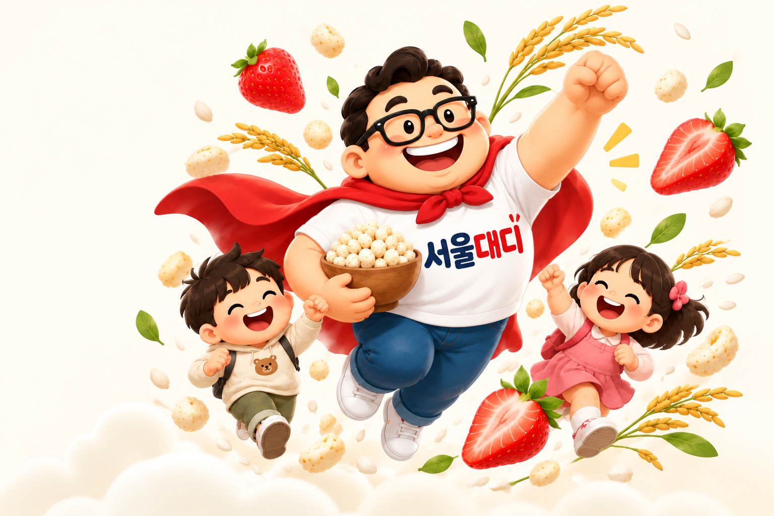 Seoul Daddy, in a red cape, leaps with two children while holding a bowl of snacks.
