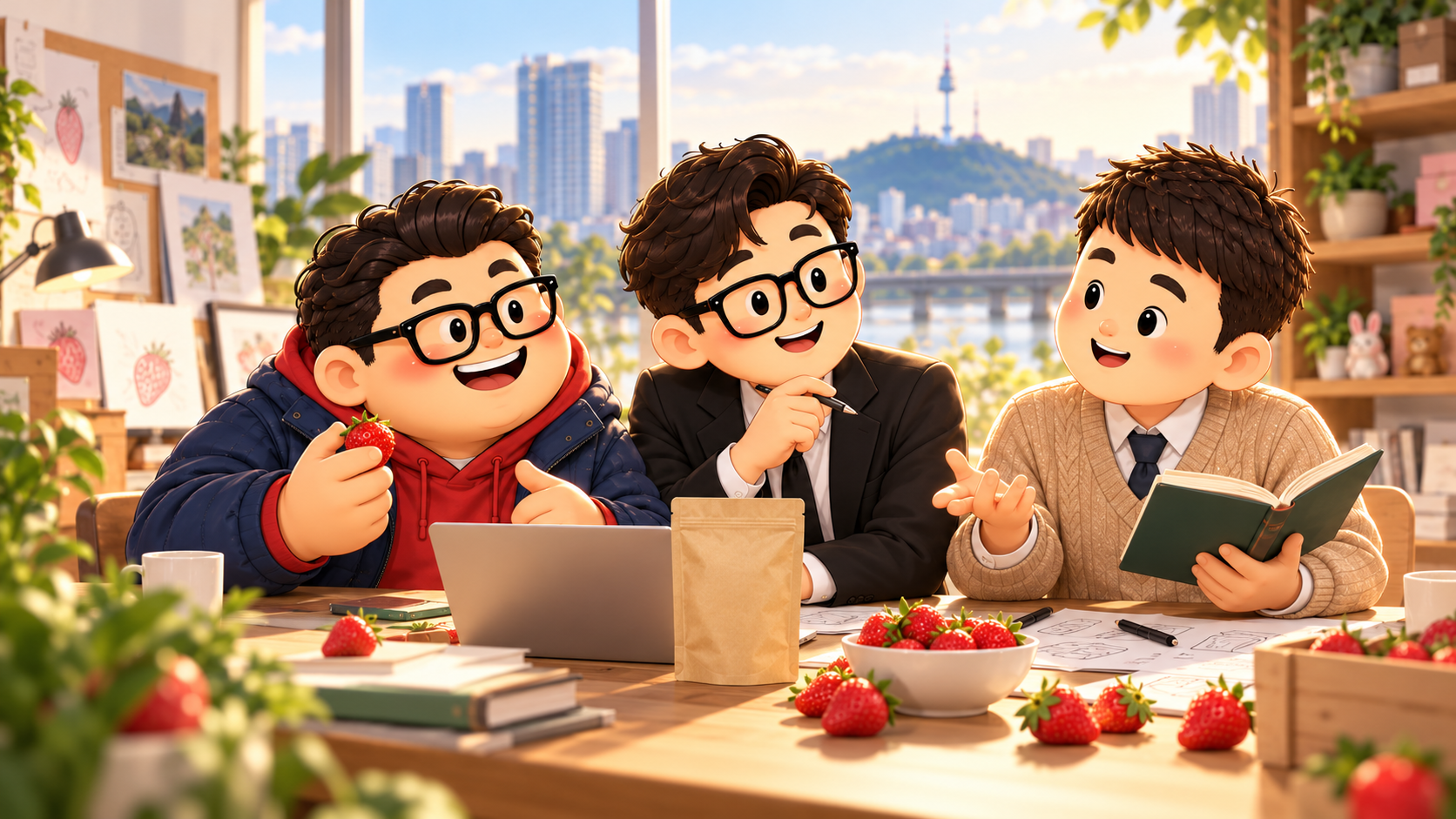 Three Seoul Dads gathered around a table, planning snacks for their children with the Seoul skyline behind them.