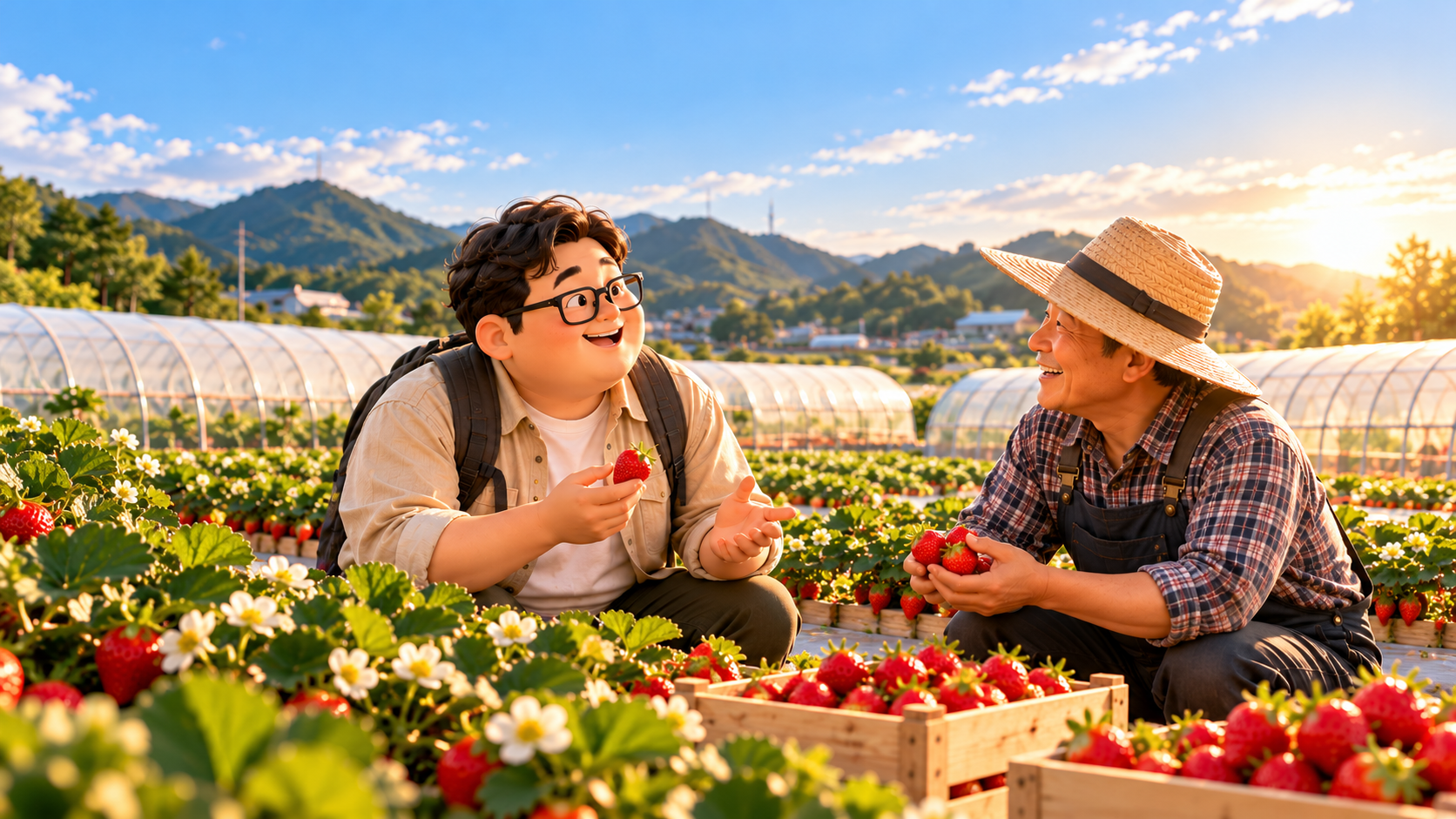 A father and child stand in a strawberry field, the search for fruit good enough to turn into snacks for their family.