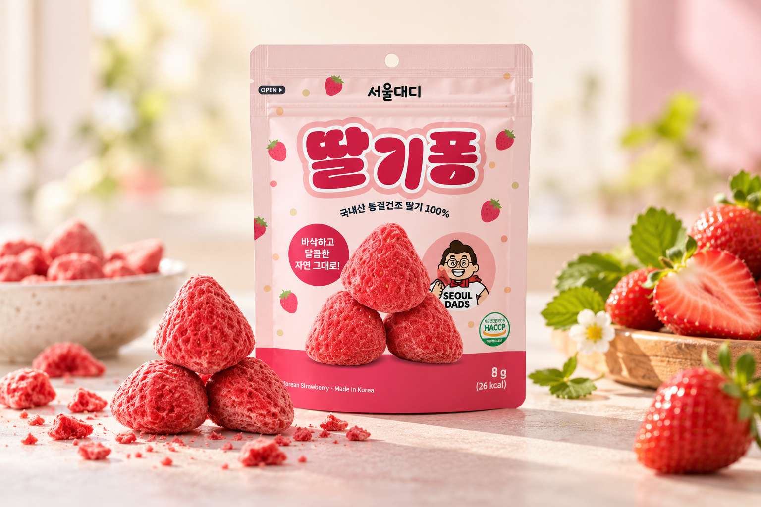 Concept visual for 서울대디 동결건조 딸기퐁. The package wording in this image is a design study, not final packaging.